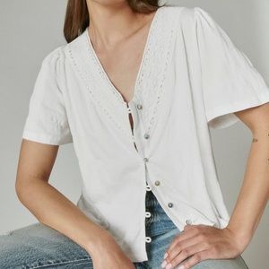 Lucky Brand Women's Short Sleeve Open Neck Lace Shirt, XS, Bright White